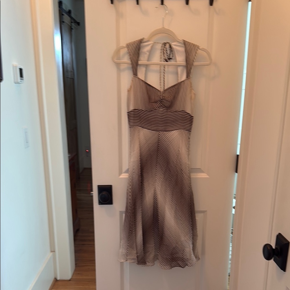 Sleeveless Striped V-Neck A-Line Dress in Beige and Brown